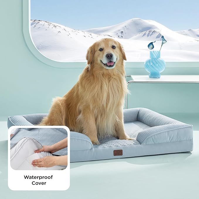 Bedsure XL Dog Bed for Extra Large Dogs - Orthopedic XLarge Dog Cat Cooling Bed Washable, Comfort Dogs Couch Sofa with Waterproof Removable Cover, Pet Bed with Nonskid Bottom, Cooling Blue, 42"