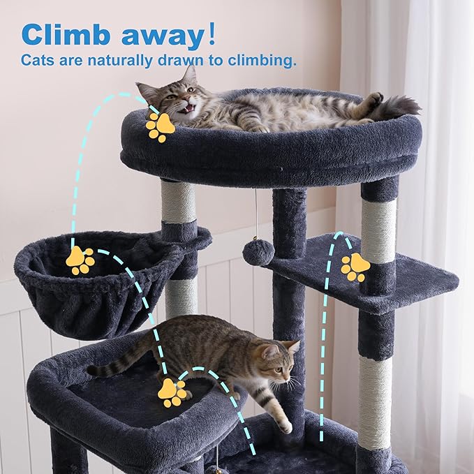 Hey-brother Cat Tree, 67.3 Inches Tower with 3 Soft Platform Beds, 2 Large Condos, 9 Sisal Scratching Posts, 2 Hammocks and Toys, Multi-Level Step House for Multiple Indoor Kittens, Smoky Gray MPJ084G