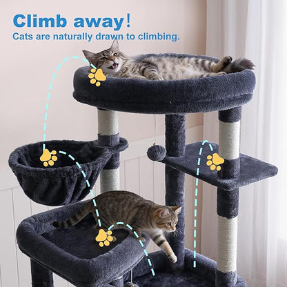 Hey-brother Cat Tree, 67.3 Inches Tower with 3 Soft Platform Beds, 2 Large Condos, 9 Sisal Scratching Posts, 2 Hammocks and Toys, Multi-Level Step House for Multiple Indoor Kittens, Smoky Gray MPJ084G