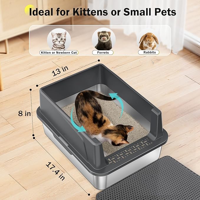 Stainless Steel Cat Litter Box with Lid, High-Sided Metal Litter Pan for Small Cats, Kitty Litter Box, Non-Stick & Odor-Resistant, Anti-Urine Leakage, Easy to Clean, Scoop Included
