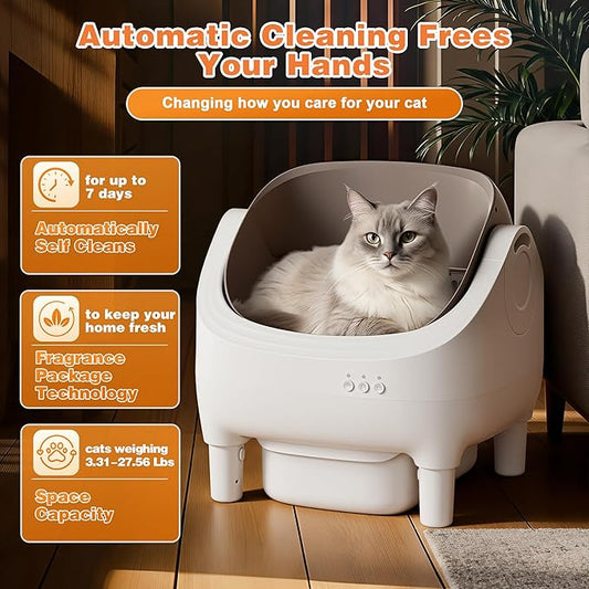Greesum Self Cleaning Cat Litter Box – Automatic Open-Top Smart Litter Box with App Control, 15L Odor-Sealed Waste Bin, Ultra Quiet 35dB, Multi-Cat & Large Cat Compatible, with Trash Bags & Mat