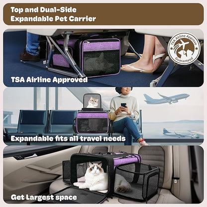 Top and 2 Sides Expandable Cat Carrier 18x13.5x9.5, TSA Airline Approved Dog Carriers for Small Dogs, Soft-Sided Pet Carrier with Self-Locking Zippers for Kitten,Rabbit, Puppy Purple