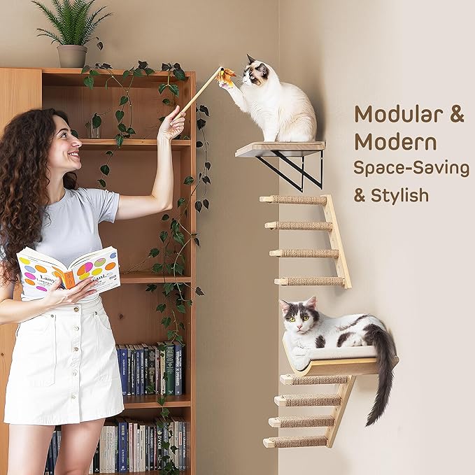 Wooden Cat Wall Steps Shelves Set, Wall Mounted Cats Shelves with Foam Cushion Bed, Flat Perch & 2 Four-Step Cat Ladders for Climbing