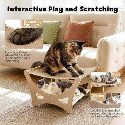 Double-Layer Cat Hammock Bed, Wooden Elevated Cat Beds with Natural Sisal Scratching Mat, Cats Scratcher Bed with Removable Soft Cushion, Cats Scratching Beds with Wood Frames