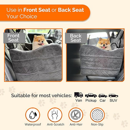 Yara’s Woofyverse Dog Seat for Car – Booster Seat for Small & Medium Dogs with Adjustable Cushions, Fur-Lined Headrest & 6-Pocket Storage – Portable Pet Car Seat for Front/Back Travel – Stone Shadow