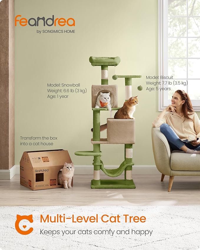 Feandrea Cat Tree, 59.5-Inch Tall Cat Tower, Plush Multi-Level Condo with 5 Scratching Posts, 2 Perches, 2 Caves, Hammock, 2 Pompoms, Grass Green and Camel Brown UPCT192C03