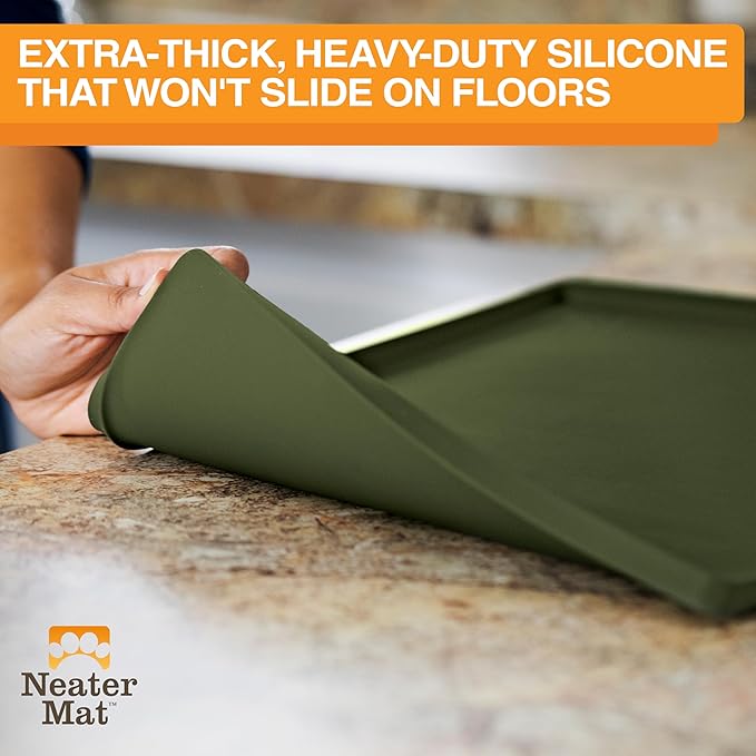 Neater Pet Brands Neater Mat Pet Mats for Food and Water, Cat & Dog Bowl Mat Waterproof Silicone, Feeding Tray, Dog Food Mats for Floors, Placemat w/Raised Edge for Under Bowls, 19” x 12”, Olive