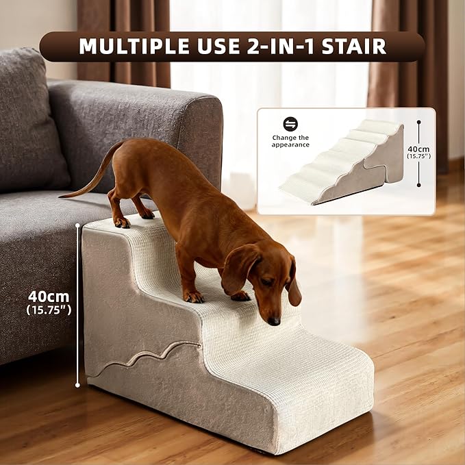 Mestuel Dog Stairs for Small Dogs Cats, Small Pet Stairs Steps, Foam 4-Tier Pet Stairs Steps for Couch Sofa, Dog Ramp Ladder Indoor with Nonslip Bottom &Washable Cover, Beige