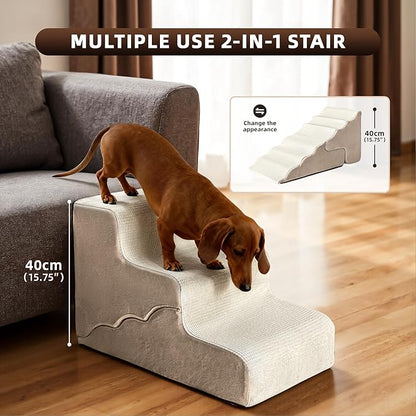 Mestuel Dog Stairs for Small Dogs Cats, Small Pet Stairs Steps, Foam 4-Tier Pet Stairs Steps for Couch Sofa, Dog Ramp Ladder Indoor with Nonslip Bottom &Washable Cover, Beige
