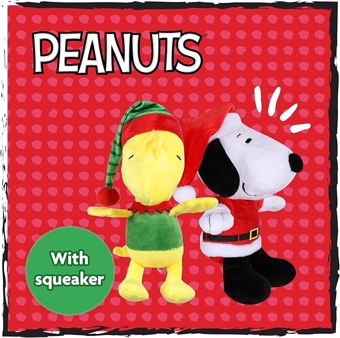 Peanuts for Pets 9 Inch Holiday Snoopy & Woodstock Big Head Plush Dog Toys with Squeaker | 2 Piece Squeaky Dog Toy Set, Santa Snoopy & Elf Woodstock Stuffed Plush Dog Toys