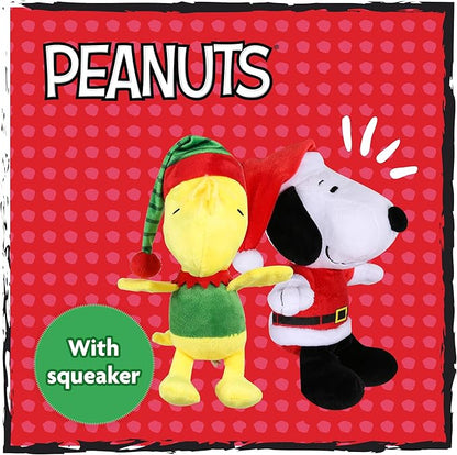 Peanuts for Pets 9 Inch Holiday Snoopy & Woodstock Big Head Plush Dog Toys with Squeaker | 2 Piece Squeaky Dog Toy Set, Santa Snoopy & Elf Woodstock Stuffed Plush Dog Toys