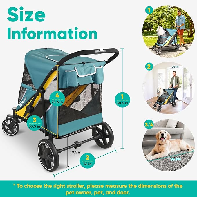 Petbobi Dog Stroller for Large & Medium Dogs - Easy Fold Dual Entry Pet Stroller with One-Foot Brake, All Terrain Wagon Cart with Air Mesh, Ideal for Large Senior Pets up to 80 lbs, Green