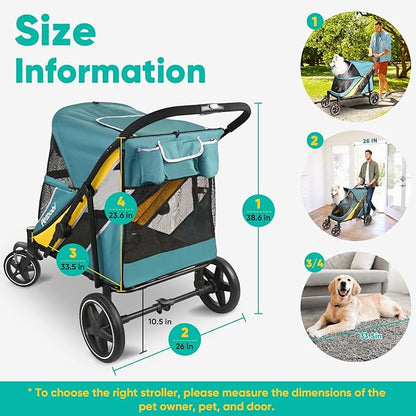 Petbobi Dog Stroller for Large & Medium Dogs - Easy Fold Dual Entry Pet Stroller with One-Foot Brake, All Terrain Wagon Cart with Air Mesh, Ideal for Large Senior Pets up to 80 lbs, Green