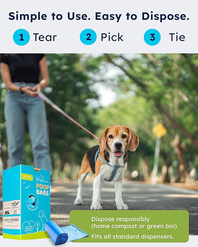 Wooflinen Unscented Compostable Dog Poop Bags – Leak-Proof Dog Poop Bags Rolls – Large 9x13”, Durable, Easy Tear – Made from Plant-Based Materials – For Big & Small Dogs – 120 Bags (8 Rolls)