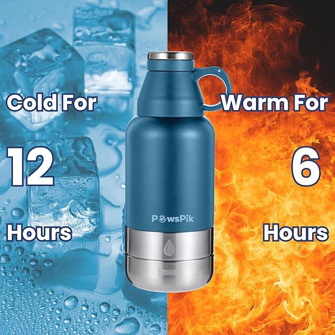 PawsPik 32oz 3-in-1 Travel Dog Water Bottle & Bowl Set – Stainless Steel Vacuum-Insulated Bottle with Detachable Food & Water Bowls, Leak-Proof, Keeps Water Cold 12hrs/Hot 6hrs (Midnight Summit Blue)