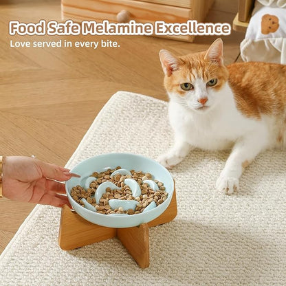 Elevated Slow Feeder Cat Bowl - Melamine Cat Food Plate with Anti-Slip Bamboo Stand - Whisker Friendly Feeding Bowl - Raised Maze Dish for Slow Eating - Ivory White