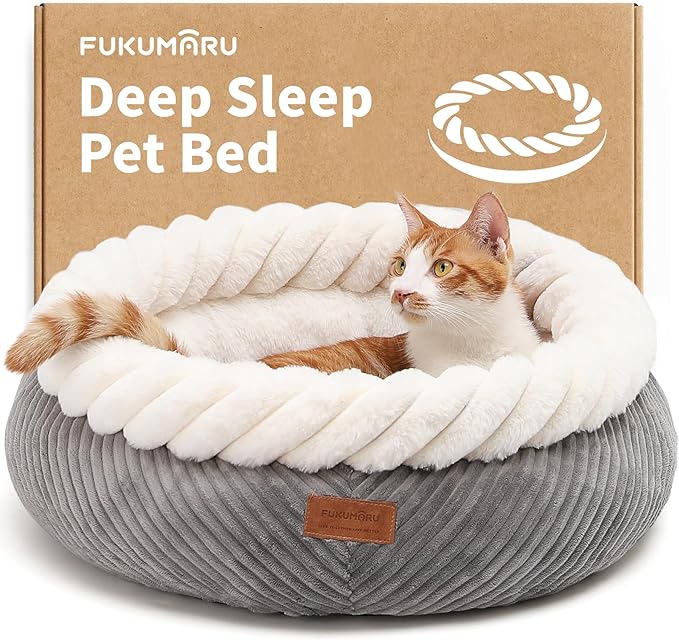 FUKUMARU Cat Bed, Calming Donut Dog Beds, Plush Faux Fur&Corduroy Cat Beds, Cute Round Washable Pet Bed for Large Cats and Small Dogs, Cat Cave with Anti-Slip Bottom, 21inch, Grey