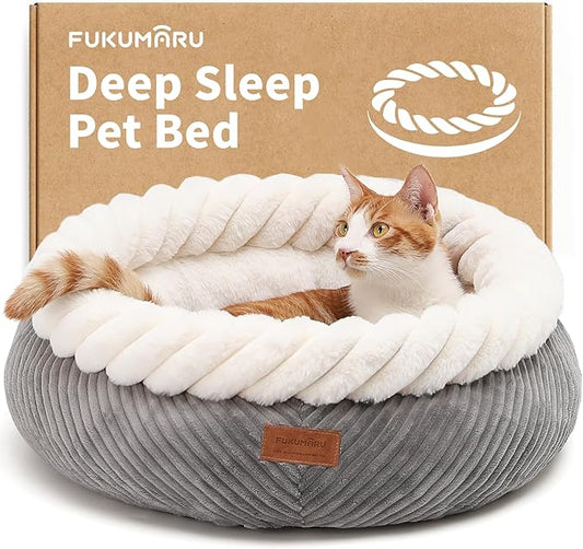 FUKUMARU Cat Bed, Calming Donut Dog Beds, Plush Faux Fur&Corduroy Cat Beds, Cute Round Washable Pet Bed for Large Cats and Small Dogs, Cat Cave with Anti-Slip Bottom, 21inch, Grey