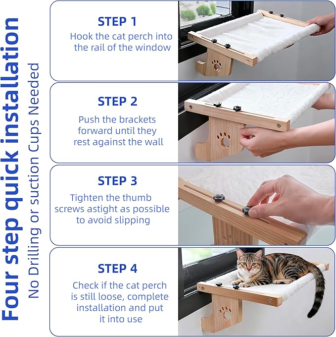ESPETS Cat Window Sill Perch, Sturdy Cat Hammock Beds Window Seats with Soft Cusion, Large Cats and Kittens-22.5 Inch (White)