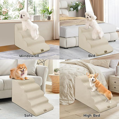 Mestuel 23in High Dogs Stairs, F Stairs for High Bed,5 Steps Ramp to High Couch Sofa Bed Indoor with Gentle Slope& Nonslip Bottom, Lint Roller Set, Beige