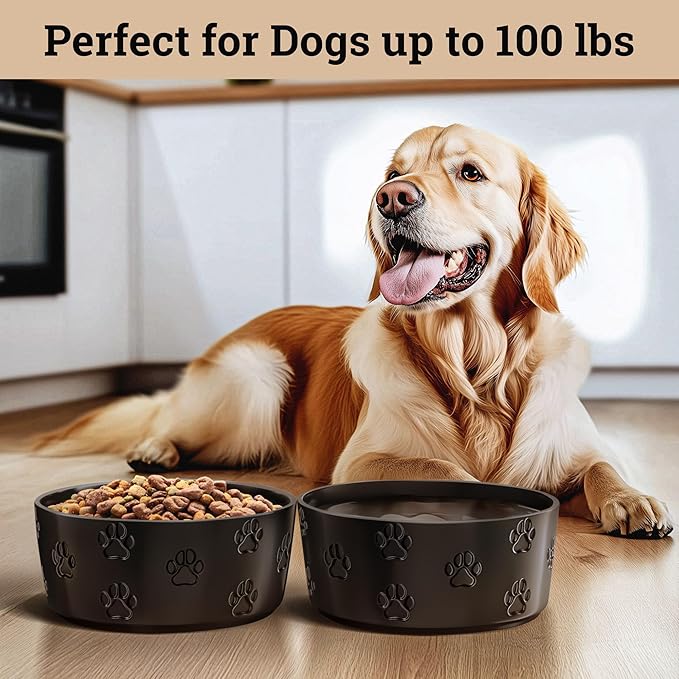 Ceramic Dog Bowl Set of 2 with Anti-Skid Base - 7.5" Wide x 3" Tall Ceramic Dog Bowls for Large Dogs - 6 Cup Capacity Food and Water Bowls for Dogs - Rubber Bottom Pet Bowl Set of 2 for Large Pets