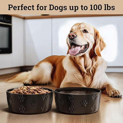 Ceramic Dog Bowl Set of 2 with Anti-Skid Base - 7.5" Wide x 3" Tall Ceramic Dog Bowls for Large Dogs - 6 Cup Capacity Food and Water Bowls for Dogs - Rubber Bottom Pet Bowl Set of 2 for Large Pets