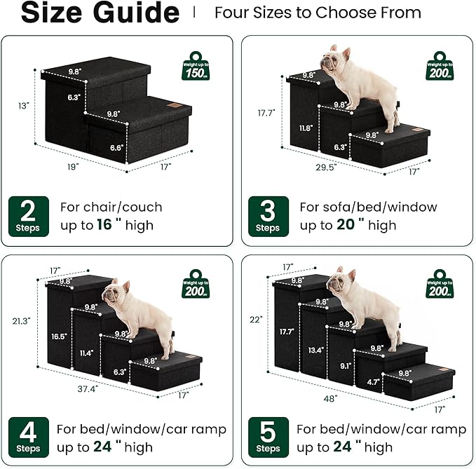 Love's cabin Dog Stairs with Storage 13" H, Foldable Pet Stairs for Small Medium or Large Dogs, Cat Puppy Steps Ramp with Zip up to 150 lbs, Black, 2 Steps