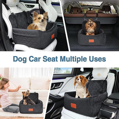 WOOAIDAGG Dog Car Seat for Small Dogs Under 30lbs, Washable Pet Travel Car Bed with Memory Foam,Fully Detachable Cover,2 Storage Pockets & Safety Leash,Non-Slip Bottom(Black)