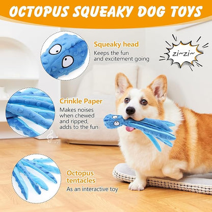 2 Pcs Octopus Dog Toys, No Stuffing Squeaky Dog Toys Chew Toys for Dogs Puppy Toys Indestructible Dog Toy for Small & Medium & Large Dogs (Blue,Orange)