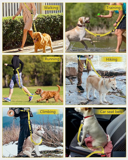 Hands Free Dog Leash & Car Seatbelt, 5.9-9.5ft Crossbody Dog Belt with Dual Soft Handles, Shock-Absorbing, 360° Clip, Reflective Design for Walking, Running, Hiking, Travel.(Yellow)