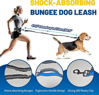 Hands Free Dog Leash with Pouch,Adjustable Waist Dog Running Leash for Large Medium Dogs,Dual Padded Handles and Retractable Bungee for Walking Jogging Training Hiking
