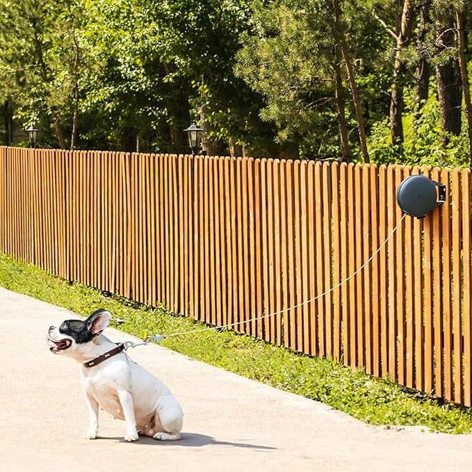 49ft Wall Mounted Retractable Dog Leash Extra Long Steel Cable with Length Lock, Anti Tangle Pet Leash for Medium Large Dogs up to 50lbs, Multi Purpose Outdoor Indoor Retractable Dog Tie