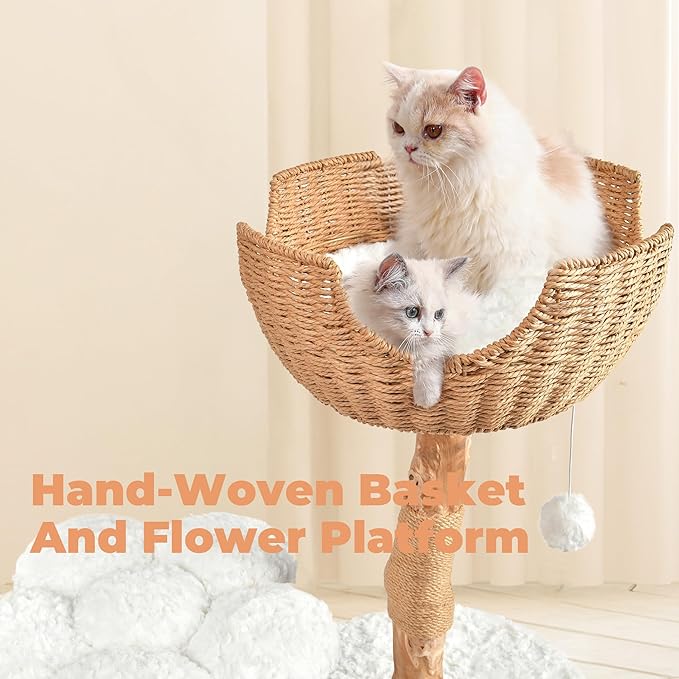 Easyego Modern Cat Tree, 39.3" Aesthetic Wood Cat Tree Tower for Large Cats, Luxury Cat Condo with Scratching Posts and Flower Platforms, Cat Furniture, White