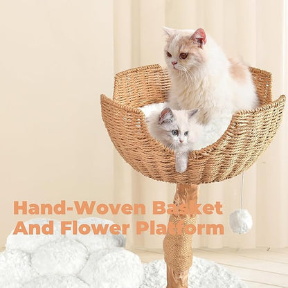 Easyego Modern Cat Tree, 39.3" Aesthetic Wood Cat Tree Tower for Large Cats, Luxury Cat Condo with Scratching Posts and Flower Platforms, Cat Furniture, White