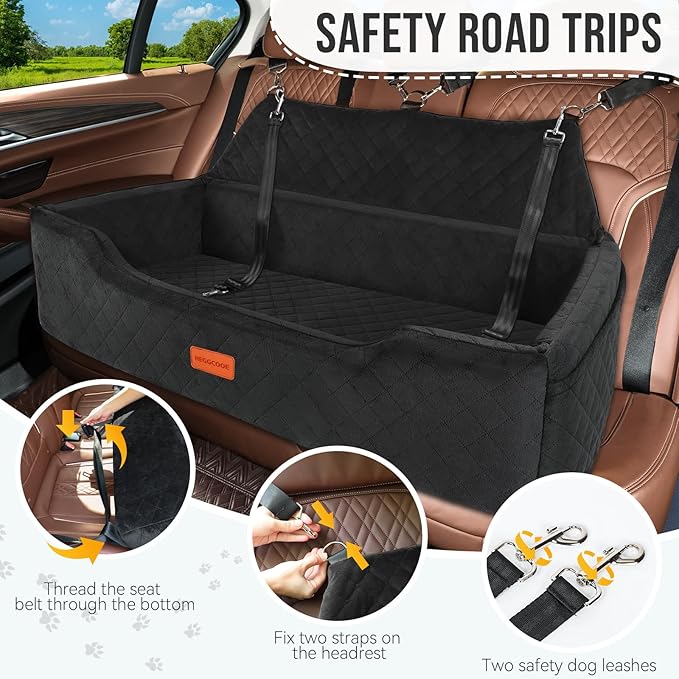 HEGGCOOE Large Dog Car Seat Under 100 lbs, Washable Dog Car Bed for 2 Medium Dogs, Detachable Pet Booster Seat with Storage Pocket and Seat Belt for Back Seat Dog Travel Bed