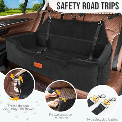HEGGCOOE Large Dog Car Seat Under 100 lbs, Washable Dog Car Bed for 2 Medium Dogs, Detachable Pet Booster Seat with Storage Pocket and Seat Belt for Back Seat Dog Travel Bed