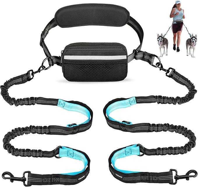 Hands Free Dog Running Leash with Adjustable Waist Belt, Dual Handle Elastic Bungees Retractable Rope for Medium and Large Dogs, Reflective Stitches for Walking Hiking Biking (Large, 25-120lb)