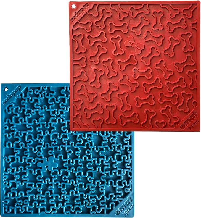 SodaPup Red Bones & Blue Jigsaw eMat Bundle – Durable Lick Mat Feeder Made in USA from Non-Toxic, Pet-Safe, Food Safe Rubber for Avoiding Overfeeding, Digestive Health, Calming, & More