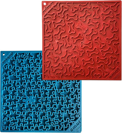 SodaPup Red Bones & Blue Jigsaw eMat Bundle – Durable Lick Mat Feeder Made in USA from Non-Toxic, Pet-Safe, Food Safe Rubber for Avoiding Overfeeding, Digestive Health, Calming, & More
