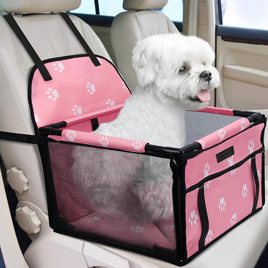 PetsHome Dog Car Seat Foldable Dog Car Booster Seat Waterproof Breathable Oxford Travel Bag for Small to Medium Dogs, Puppies, and Pets-Footprint Pink-Upgrade