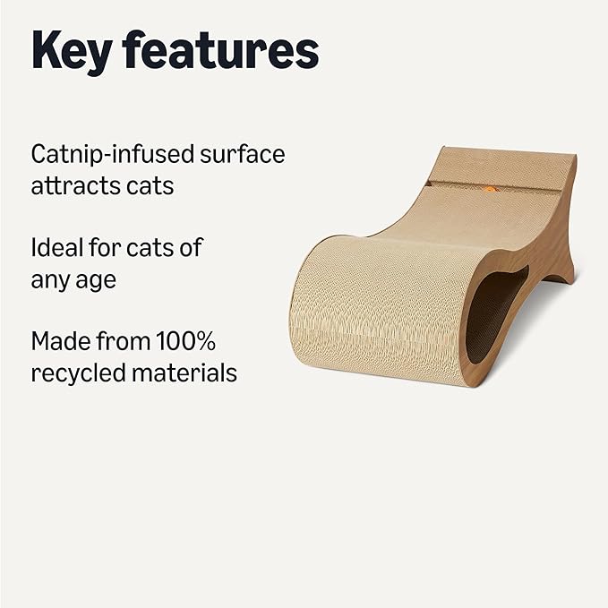 Amazon Basics Cat Scratcher Post Cat Scratcher Lounge Bed for Indoor Cats Bed Shaped Post Pad with Interactive Ball Toy & Catnip, FSC-Certified, 34.3 x 11.8 x 11.8 in, Wooden Color