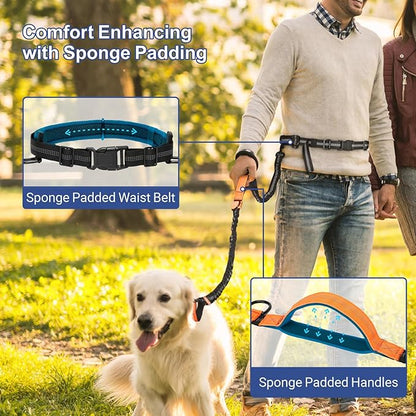 Hands Free Dog Leash - Dog Collar with Adjustable Waist Belt, 2 Bungees Shock Absorbing, Dual Handles for Walking Running Jogging, Reflective Knitted