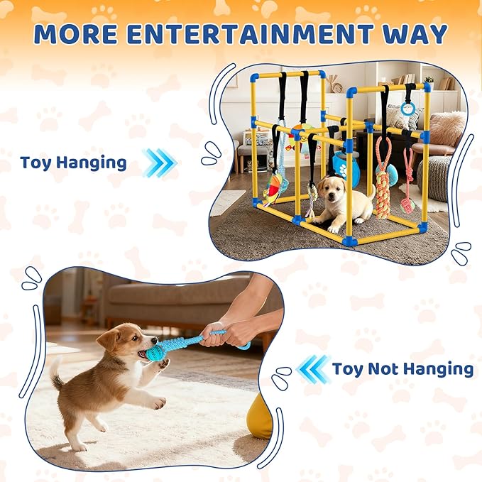 Large Puppy Play Gym & 10 Hanging Toys Indoor Play Gym Interactive Dog Toys for Boredom Enrichment Activity for Small Dog Teething PVC Frame Stretchy Rope with Velcro (35.5 x 27.5 x 18.5 inch)