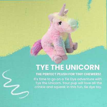 Snugarooz Tye The Unicorn Plush Tie Dye Toy - Soft & Durable Chew Toy for Puppies - Made from Recycled Materials - Crinkle & Squeak Sounds