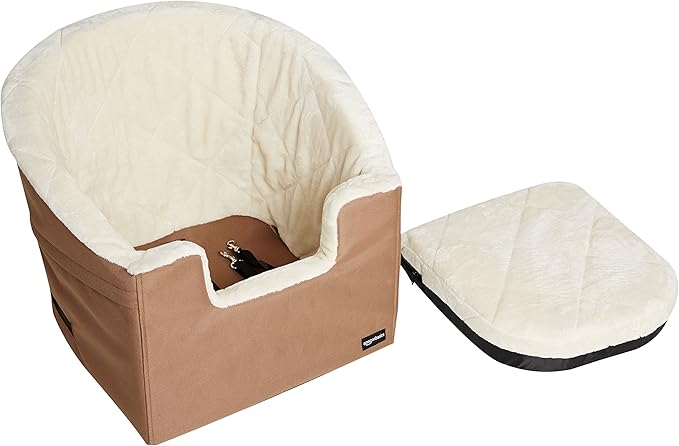 Amazon Basics Dog Car Seat Booster for Small Dogs up to 25lbs, Washable Removable Cover, Safety Leash, Elevated View for Window, 18" x 18" x 16", Tan