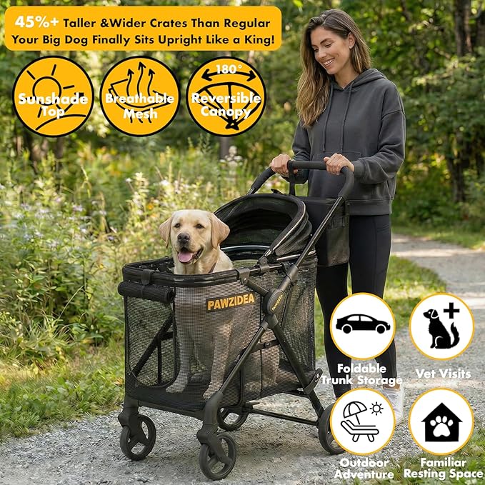 PAWZIDEA Dog Stroller for Large Dogs up to 80 lbs, Lockable No-Zip 180° Reversible Canopy, One-Hand Foldable Pet Stroller for 2 Medium Dogs, All-Terrain Jogger Wheels, Storage Organizer, Chew-Proof