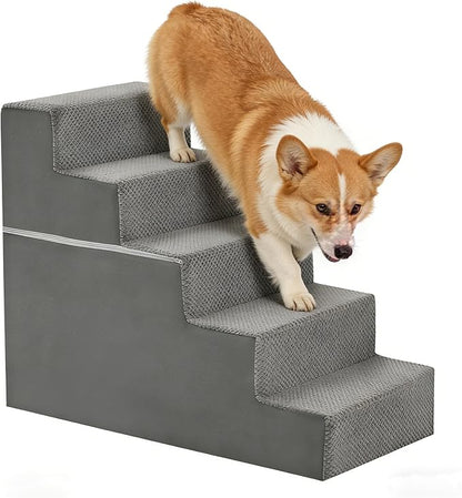 Simple Deluxe Dog Stairs for Small Dogs, 5-Step Dog Step for Puppy, Older Cat, Medium Pet Ramp for Sofa, Couch or Chair, Indoor Non-Slip Pet Ladder with High Density Foam, Gray