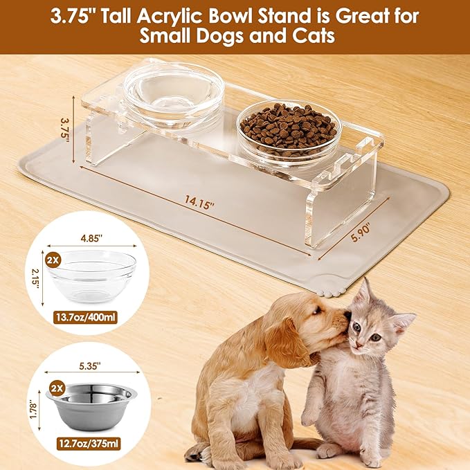 Elevated Dog & Cat Bowls – 3.75” Acrylic Raised Pet Feeder Stand with 2 Stainless Steel & 2 Glass Bowls – Food & Water Dish Set for Puppy/Small Dogs & Cats