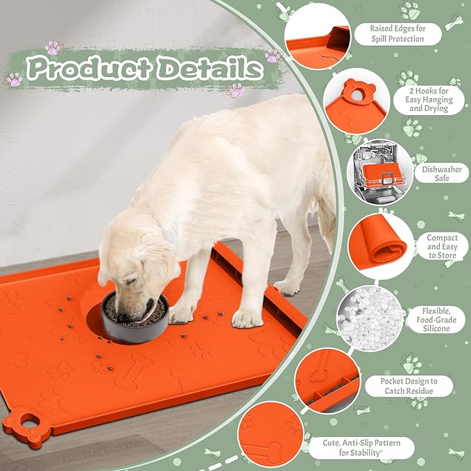 Dog Food Mat, Silicone Dog Mat for Food and Water -Pet Feeding Mats with Residue Collection Pocket, Waterproof Dog Cat Bowl Mats with Raised Edges and Hooks, Placemats for Cats and Dogs Water Bowl
