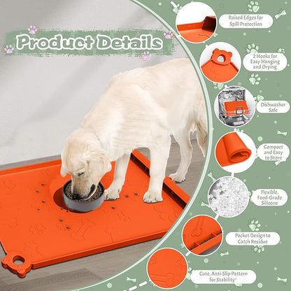 Dog Food Mat, Silicone Dog Mat for Food and Water -Pet Feeding Mats with Residue Collection Pocket, Waterproof Dog Cat Bowl Mats with Raised Edges and Hooks, Placemats for Cats and Dogs Water Bowl